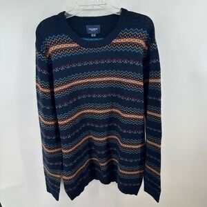 Pull&Bear Mens XL Fair Isle Geometric Knit‎ Crew Neck Sweater Navy Multicolor